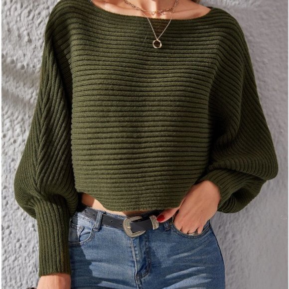 Ribbed Knit Lantern Sleeve Crop Sweater - Picture 2 of 6